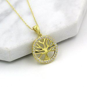 925 Sterling Silver Gold Plated Tree of Life Halo Disc Pendant Necklace